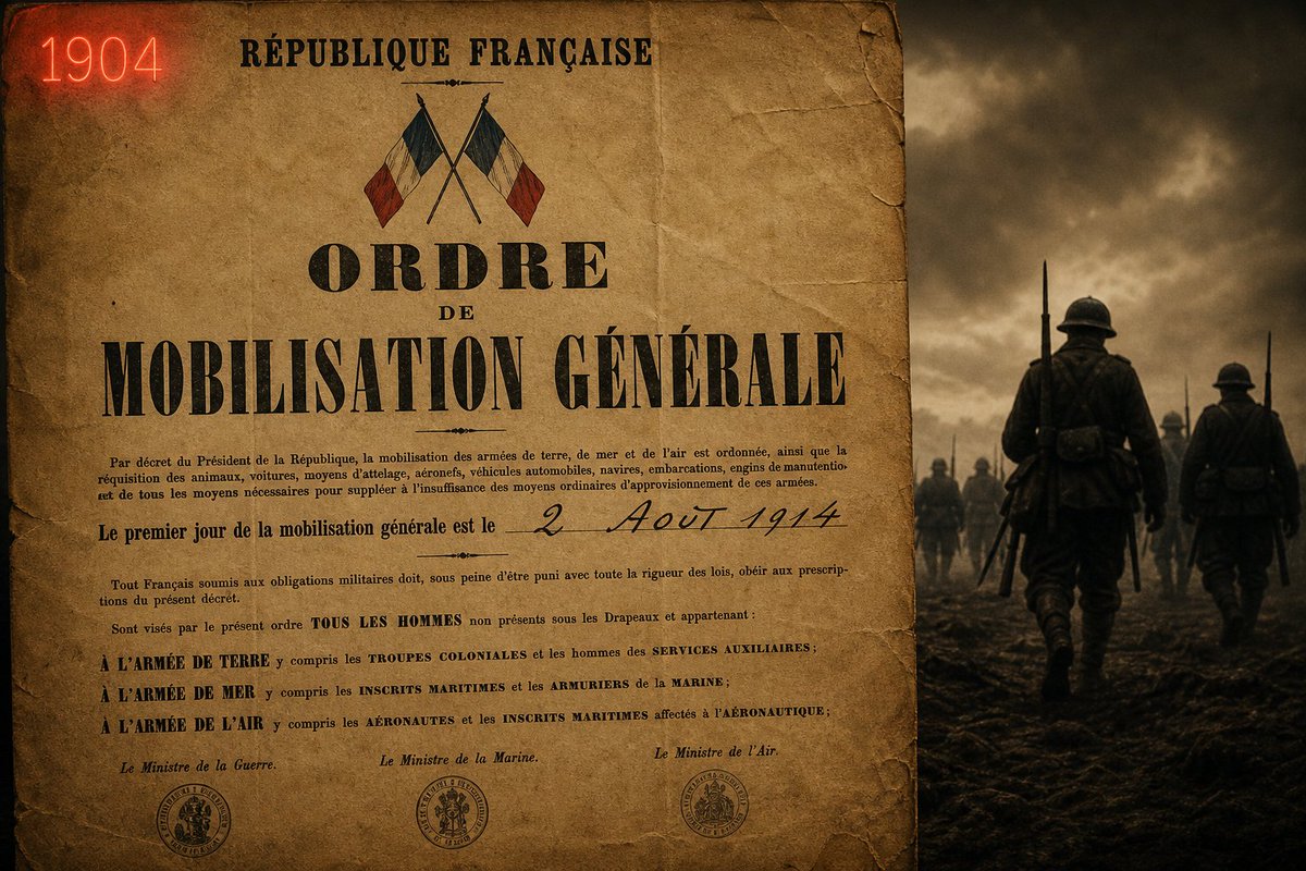 SpritBankal2's tweet photo. 🚨 L’affiche de mobilisation de 14-18 était déjà imprimée en 1904.  
La guerre n’était pas un accident : c’était un **plan militaire prévu depuis 10 ans**.  

On nous a vendu l’idée de “défense contre l’Allemagne” → en réalité : https://t.co/faYGNJKc71