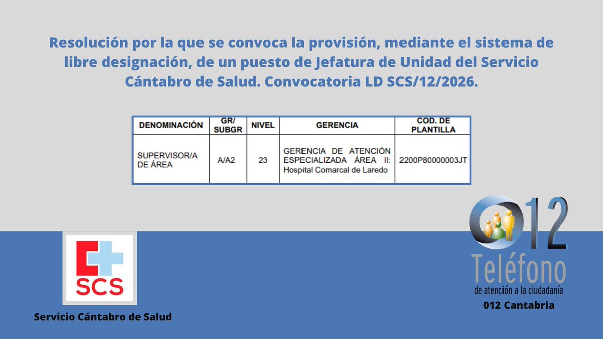 012Cantabria's tweet photo. Convocatoria LD SCS/12/2026.
Provisión, mediante el sistema de libre designación, de un puesto de Jefatura de Unidad del @scsalud 
🗓️PLAZO: 15 días hábiles contados desde el siguiente a la publicación de la convocatoria en el BOC
https://t.co/5vSsyPwFw1
➕ℹ️📞0⃣1⃣2⃣ https://t.co/2RRwyh9RUe