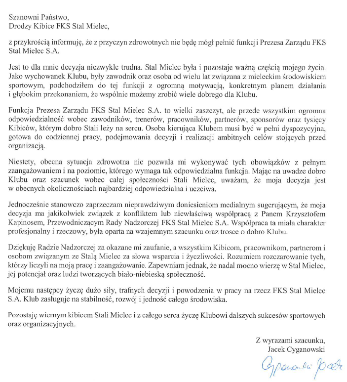 FksStalMielec's tweet photo. Przedstawiamy komunikat Pana Jacka Cyganowskiego. https://t.co/Z9uLC5hmbJ