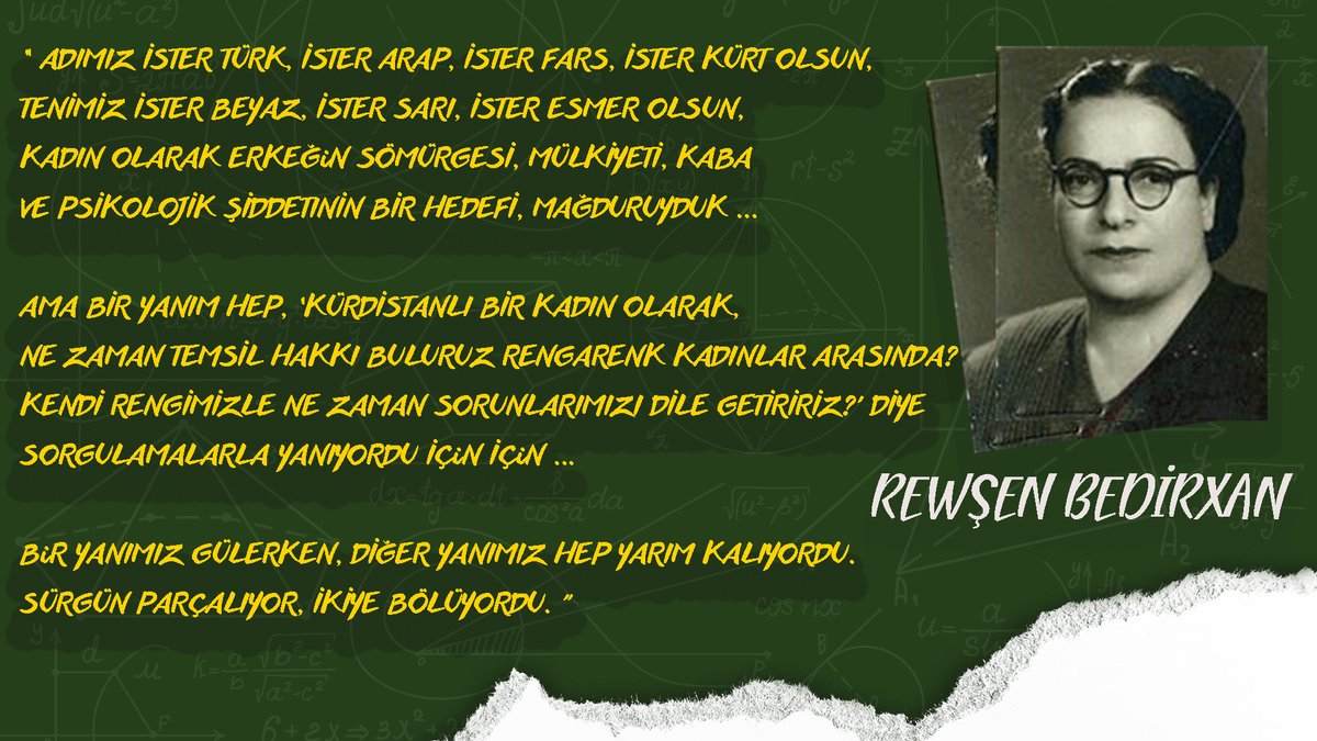 Bejingmed's tweet photo. 🌿Rewşen Bedirxan

'' Adımız ister Türk, ister Arap, ister Fars, ister Kürt olsun ,tenimiz ister beyaz, ister sarı, ister esmer olsun, Kadın olarak erkeğin sömürgesi mülkiyeti, kaba ve psikolojik şiddetin bir hedefi, mağduruyduk...

Ama bir yanım hep , Kürdistanlı bir kadın olarak, ne zaman temsil hakkı buluruz rengarenk kadınlar arasında? kendi rengimizle ne zaman sorunlarımızı dile getiririz?' diye sorgulamalarla yanıyordu için için...

Bir yanımız Gülerken, diğer yanımız hep yarım kalıyordu. Sürgün parçalıyor, ikiye bölüyüyordu.''
https://t.co/4m16yOybtI