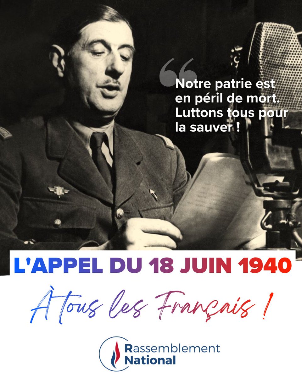 GilletJocelynRN's tweet photo. 18 juin 1940 : depuis Londres, le général de Gaulle lance son célèbre appel à poursuivre le combat face à l’occupation nazie. Un message d’espoir, de résistance et de refus de la capitulation qui demeure un symbole fort de l’histoire de la France. 🇫🇷 #18Juin1940 #AppelDu18Juin https://t.co/CL101xc1dm