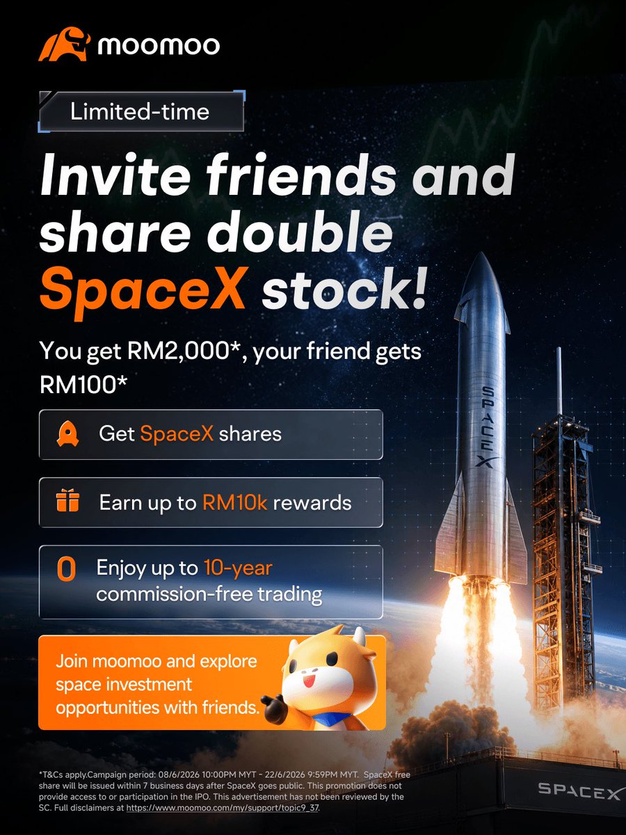 theyamato_'s tweet photo. Limited 2 weeks: Invite Friends &amp; Enjoy RM2000* SpaceX Bonus Stocks!

24/7* Market Insights &amp; Service: Stay ahead with real-time news and expert assistance
#moomoo #SpaceX #USStocks #FinancialPlanning #FreeStock #LowEntryInvestment

*T&amp;Cs apply https://t.co/WwB0nLigTr