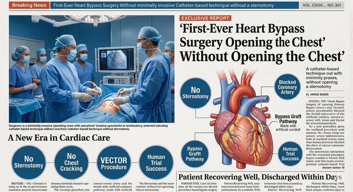 yupmedi_com's tweet photo. A major milestone in heart surgery!

In January 2026, doctors performed the first human coronary bypass surgery without opening the chest using the new VECTOR procedure.

Visit our Site: https://t.co/3n4Jp74fCU https://t.co/EOA2pKzxme