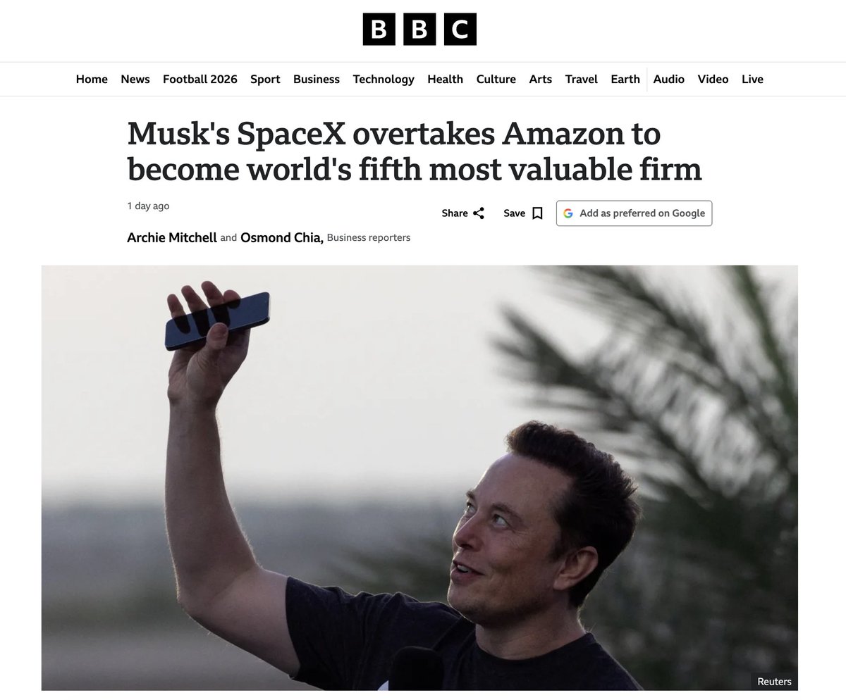 abuziyad's tweet photo. حققت #أمازون العام الماضي مبيعات بأكثر من 700 مليار دولار.
SpaceX حققت أقل من 20 مليار دولار، ومع ذلك أصبحت أعلى قيمة سوقية من أمازون، واستحوذت في الوقت نفسه على Cursor المتخصصة في البرمجة بالذكاء الاصطناعي مقابل 60 مليار دولار. https://t.co/CpVALLmHHm