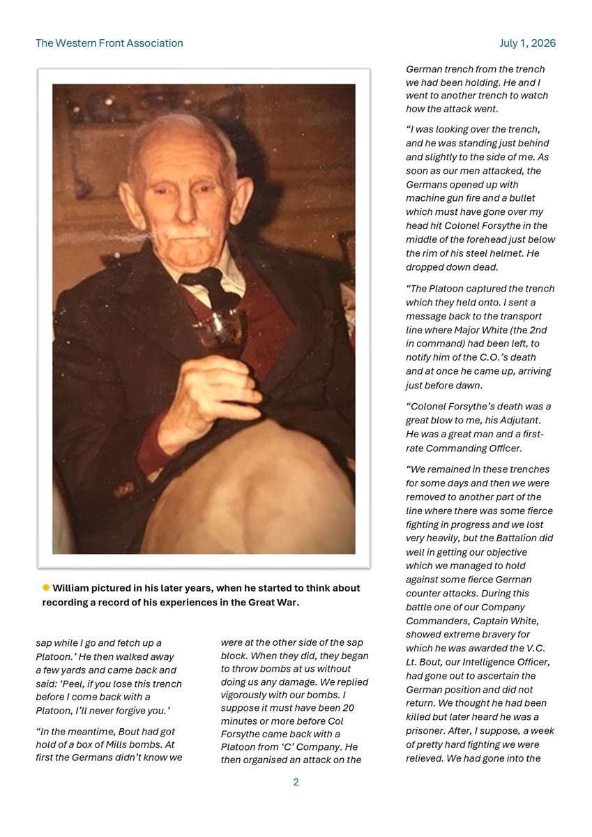 TheWFA's tweet photo. “As soon as our men attacked, the Germans opened up... a bullet which must have gone over my head hit Colonel Forsyth.”
To mark the Somme 110 anniversary, we are releasing a special digital magazine. Subscribe to ‘Trench Lines’ for your free copy – coming soon. https://t.co/9RC2bi7POw