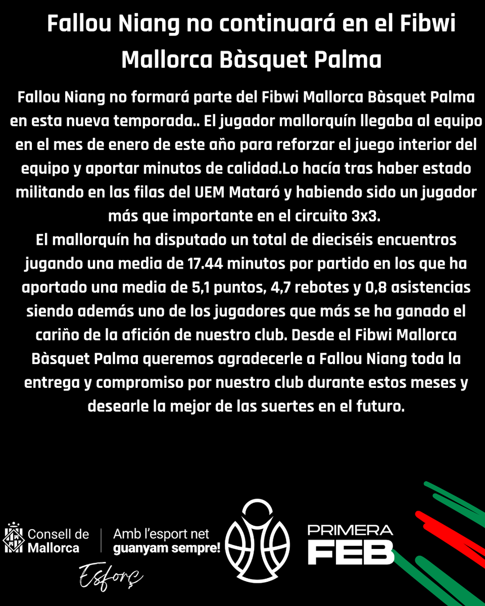 BahiaSanAgustin's tweet photo. 𝐆𝐑𝐀𝐂𝐈𝐀𝐒 𝐅𝐀𝐋𝐋𝐎𝐔!!!!!🤝

Aterrizado en nuestro club en enero, el mallorquín pone punto y final a su etapa en el Fibwi Mallorca Bàsquet Palma tras aportar talento y entrega a nuestro juego interior.

Muchísima suerte @Fallouuniang en el futuro!❤️💚🖤 https://t.co/As5lJaNosD