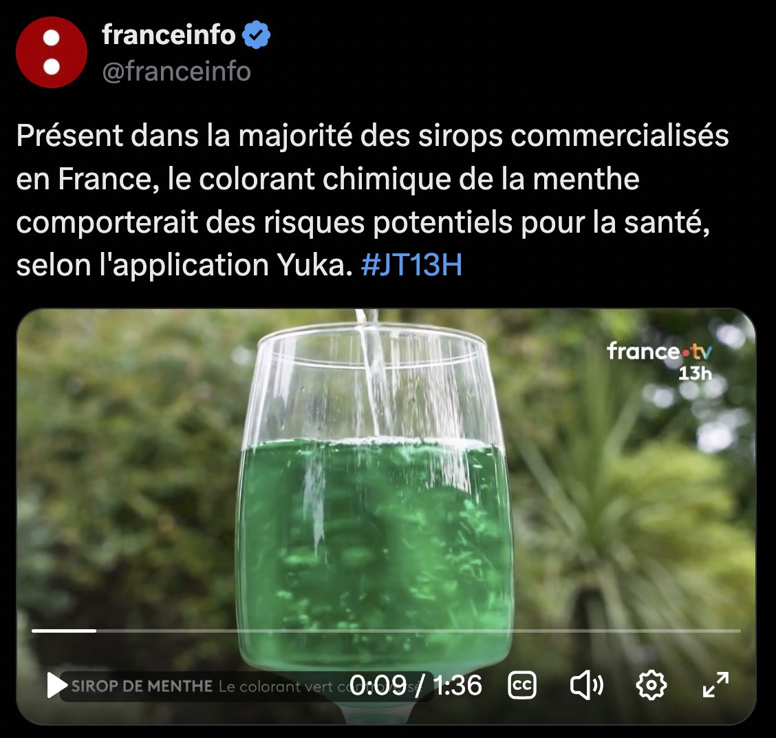 Will_Nicks_Off's tweet photo. Cette découverte inquiète particulièrement les personnes qui boivent 400 verres de menthe à l'eau par jour, le seuil pour être inquiété par d'éventuels problèmes de santé.
À quand l'interdiction du colorant E133 ?

#yuka #E133 https://t.co/L6PtAEQ6Rx