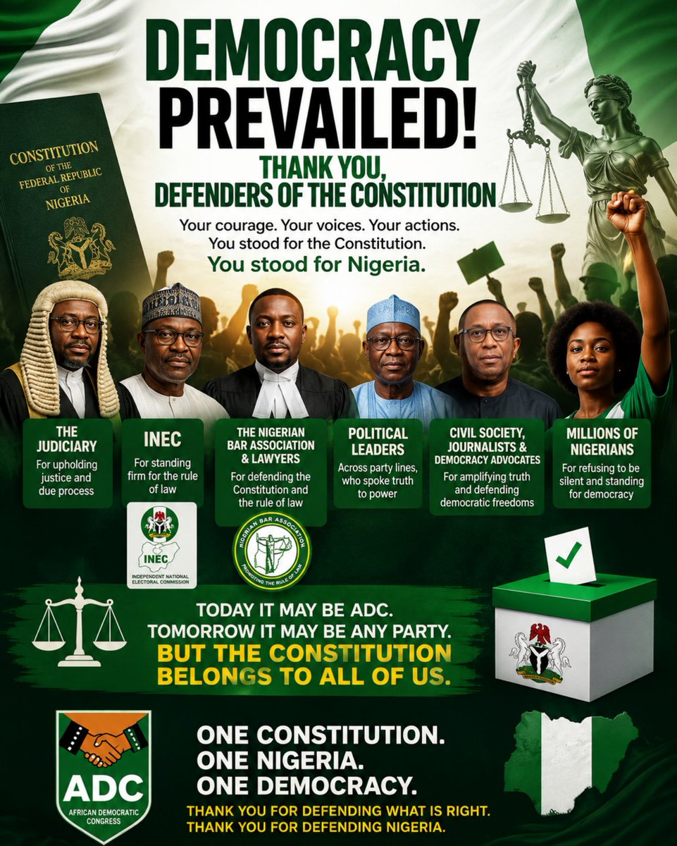 Laurestar's tweet photo. THE DAY NIGERIANS SPOKE IN ONE VOICE. 
THANK YOU, DEFENDERS OF THE CONSTITUTION.

💥The attempt to undermine the constitutional rights of duly registered political parties has sparked a powerful response from Nigerians who believe that democracy must remain bigger than politics, bigger than parties, and bigger than any individual.

💥Across the nation, voices have risen in defense of the Constitution of the Federal Republic of Nigeria, the rule of law, and the sacred principles of multi-party democracy.

💥Today, we pause to express our profound appreciation to all those who stood firm when it mattered most.
We thank the Justices of the Court of Appeal for their timely intervention in preserving constitutional order and ensuring that due process remains the foundation of our legal system.

💥We thank the leadership of INEC for remaining guided by the Constitution and the Electoral Act, recognizing that democratic rights cannot be extinguished by arbitrary interpretations or political pressure.

💥We salute the Nigerian Bar Association, members of the legal profession, constitutional scholars, Senior Advocates of Nigeria, and democracy advocates who courageously spoke in defense of the law and reminded the nation that justice must always be anchored on constitutional provisions.

💥We thank political leaders across party lines who refused to remain silent. In moments such as these, patriotism demands courage, and courage demands speaking truth in defense of democratic values.

💥We commend those who recognized that this issue was never about one political party. It was about the future of democracy itself.

💥Today it may be ADC.
Tomorrow it may be another political party.
If constitutional rights can be denied to even one party, then no party is truly safe. If democratic participation can be restricted for some citizens, then democracy is weakened for all citizens.

💥This is why Nigerians of goodwill rose above partisan considerations and defended the principles that bind our Republic together.

💥We particularly thank the millions of ordinary Nigerians who spoke out on social media, in town halls, in professional circles, and in communities across the country and in the diaspora too. Their voices sent a clear message that democracy belongs to the people and that the people will not surrender it.

💥Nigeria's Constitution guarantees freedom of association.
Nigeria's Constitution guarantees political participation.
Nigeria's Constitution envisions a vibrant multi-party democracy in which citizens are free to organize, compete, and offer alternative visions for national development.

💥No democracy can thrive where political competition is suppressed.
No democracy can flourish where constitutional guarantees are weakened.
No democracy can survive if citizens become indifferent to injustice.

💥To every lawyer who defended the law.
To every judge who upheld due process.
To every political leader who spoke out.
To every journalist who reported responsibly.
To every activist who defended democratic freedoms.
To every Nigerian who refused to be silent.
We say thank you.

💥Thank you for defending the Constitution.
Thank you for defending the rule of law.
Thank you for defending democracy.
And thank you for standing on the right side of history.

💥Together, we shall continue to defend the democratic rights of all Nigerians and preserve the constitutional foundations upon which our great Republic stands. 

💥The overwhelming reaction of Nigerians has demonstrated that our democracy remains alive, that constitutionalism remains relevant, and that the spirit of liberty remains strong. It also demonstrates what Nigerians would collectively do, should the ruling cult attempt to tamper with the will of the people of Nigeria, in 2027.

🥰Thank you All, 🥰🥰
Long Live the Federal Republic of Nigeria.
Long Live Constitutional Democracy.
Long Live the African Democratic Congress.
Arise and Shine, Nigeria.

Lauretta Onochie 
@Laurestar