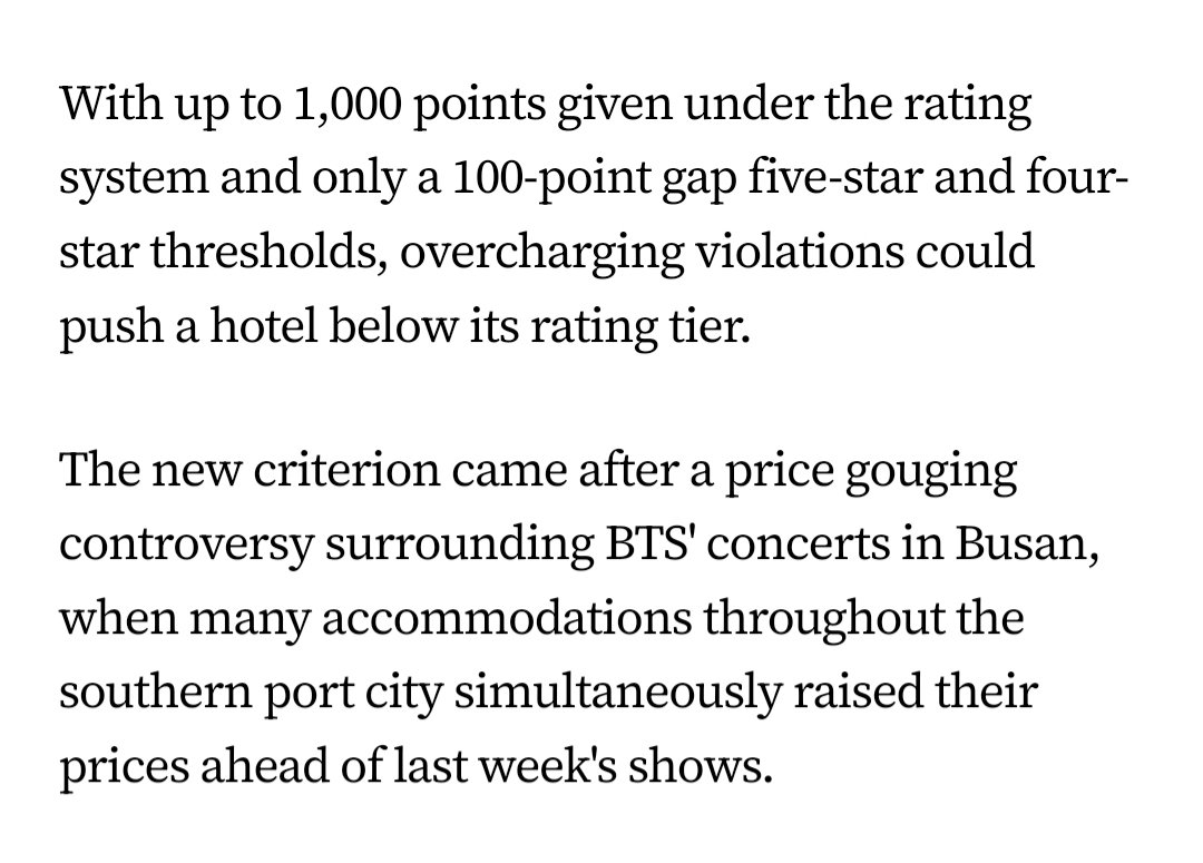 shadow_twts's tweet photo. Under new rules, hotels found to have overcharged customers could face a 30-point deduction in their rating evaluation, a penalty steep enough to cost a hotel its star rating.

The new criterion came after the price gouging controversy surrounding BTS' concerts in Busan. https://t.co/xXRU1Dqn3B