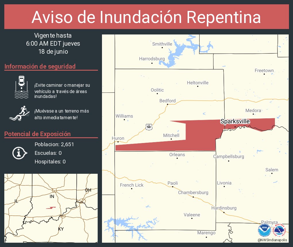 Este gráfico muestra la localización en el mapa de un aviso de inundación repentina. El aviso estará en efecto hasta las 6:00 AM EDT. El aviso incluye a Sparksville IN. El aviso incluye el suroeste del condado de Jackson en el sur centro de Indiana y el sur del condado de Lawrence en el sur centro de Indiana. ¡Evite caminar o manejar su vehículo a través de áreas inundadas! ¡Muévase a un terreno más alto inmediatamente! Hay 2,651 personas bajo este aviso incluyendo 0 escuelas y 0 hospitales.