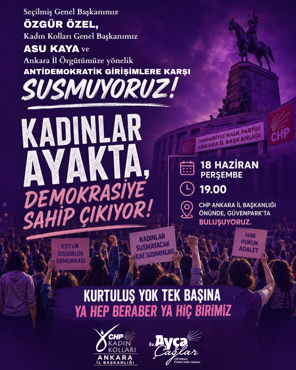 ozgurkadinank's tweet photo. Kadınlar ayakta, demokrasiye sahip çıkıyor! 18 Haziran Perşembe günü saat 19.00’da CHP Ankara İl Başkanlığı önünde, Güvenpark'ta buluşuyoruz. https://t.co/IC25kwMw68