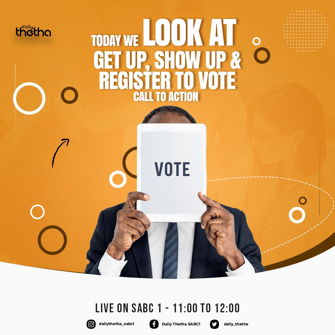 daily_thetha's tweet photo. 🗳️🇿🇦 GET UP. SHOW UP. &amp; REGISTER TO VOTE

Today on #DailyThetha, we’re talking youth voices, voter registration, unemployment, opportunities, and the future of our communities. 📢

If you don’t show up, who decides your future? 🤔

📺 Catch us LIVE at 11:00 AM sharp! https://t.co/8yx6hcJuEo