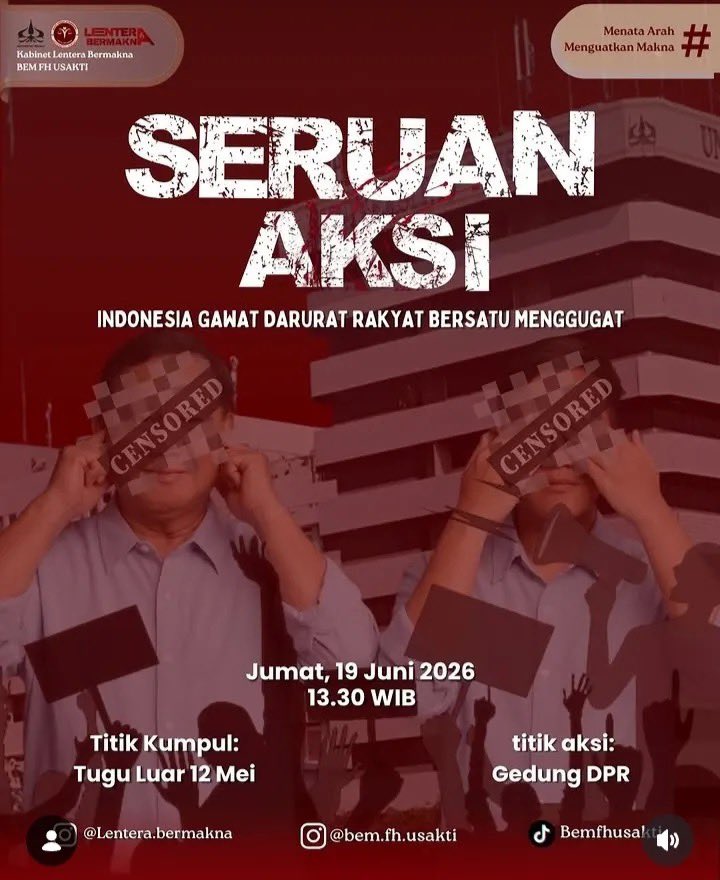 haixensen's tweet photo. 🚨 SERUAN AKSI #IndonesiaGawatDarurat
Jumat, 19 Juni 2026 | 13.30 WIB

Rakyat bersatu menggugat! 
Titik kumpul: Tugu Luar 12 Mei
Tujuan: Gedung DPR

Indonesia darurat, saatnya turun! 🔥
#SeruanAksi #RakyatMenggugat #19Juni https://t.co/tgR52HtVOR