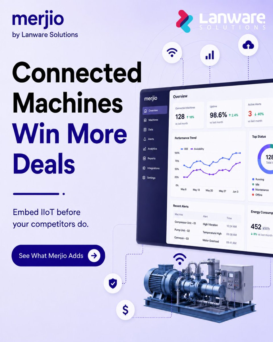 lanware_s's tweet photo. Connectivity is becoming a standard expectation for industrial equipment.

Merjio gives machine builders an IIoT layer that delivers visibility, insights, and remote support from day one.

https://t.co/SWNbxHLoLO

#IndustrialIoT #OEM https://t.co/uVEdQCcNwF