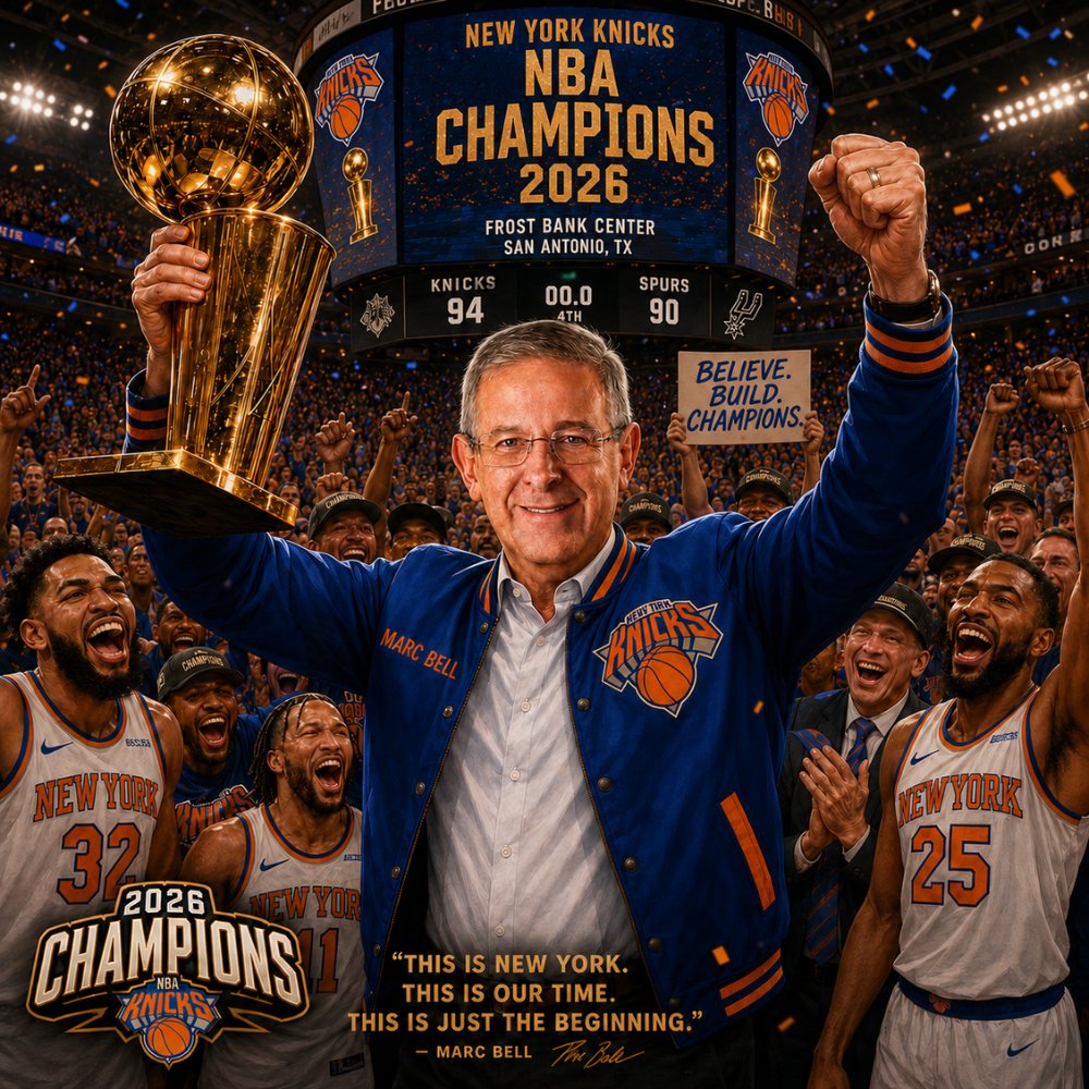 qrart2030's tweet photo. Marc Bell celebrating the New York Knicks NBA Championship victory 🏆

Congratulations to the Knicks and to everyone who believed.

#MarcBell #NewYorkKnicks #KnicksChampionship #NBAFinals2026 #KnicksWin #frostbankcenter #Championship #AICaricature #Viral2026 #NYKnicks @Marcbell https://t.co/x0aox1RHI1