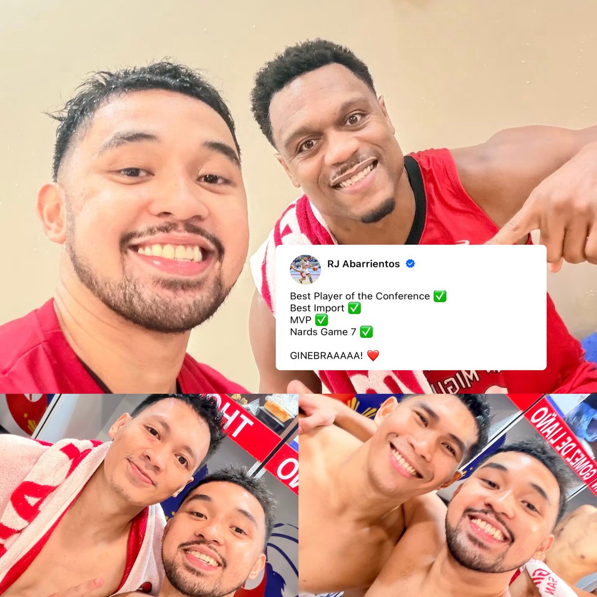 OneSportsPHL's tweet photo. KUDOS, MGA KABS 🫡🏆

After Barangay Ginebra’s championship run in the PBA Season 50 Commissioner’s Cup, Best Player of the Conference RJ Abarrientos shared photos with Best Import Justin Brownlee and Finals MVP Scottie Thompson, and recognized Nard Pinto’s Game 7 performance. https://t.co/Trmyw5aKfF