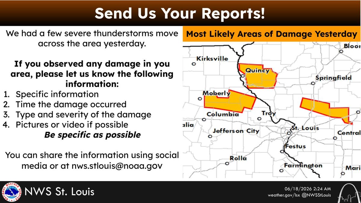 There is a map of eastern Missouri and southwest Illinois showing three areas that most likely had areas of damage from yesterdays severe thunderstorms.