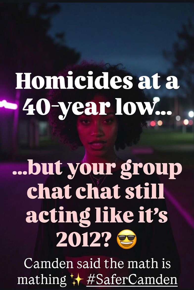 MaritzAlston's tweet photo. Homicides at a 40-year low…
but your group chat still acting like it’s 2012? 😭
Camden really said the math is mathing 💅
The data doesn’t lie — and neither does the peace of mind.
Which stat is hitting different for you?
#SaferCamden #DigitalNervousSystem #CamdenData https://t.co/JuMWf9JIYc