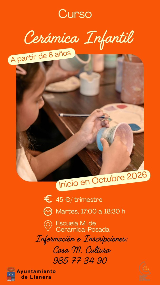 CMCLlanera's tweet photo. Abrimos últimas plazas para Cerámica Infantil con inicio en octubre.
Modelar, experimentar, jugar con el barro… ¡y descubrir un mundo artístico nuevo! 👏 #LlaneraCultura https://t.co/7MRPaaTGDw