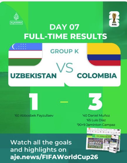 AungLinKyaw19's tweet photo. Uzbekistan 1 - 3 Colombia
#FIFAWORLDCUP https://t.co/PJ6Mh2m2s0
