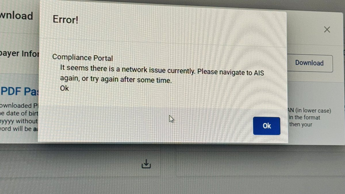 iamsanjaysharma's tweet photo. Dear @FinMinIndia @IncomeTaxIndia ,
the AIS portal seems to be observing a work-from-home policy. Every download attempt ends with a “network issue” message. Could the portal please be made available for at least as long as taxpayers are expected to be?
@nsitharaman https://t.co/dPXcb5t2hD