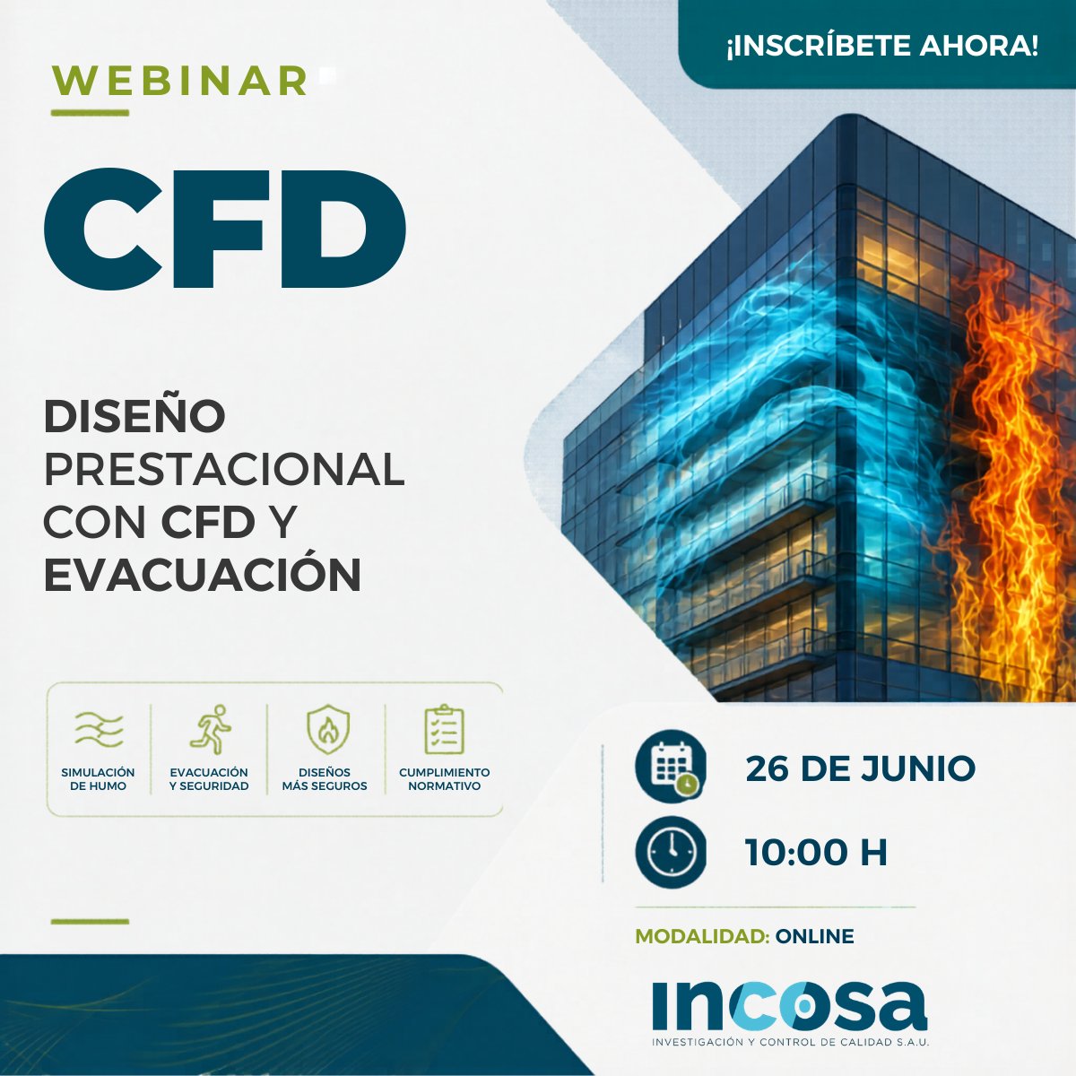 INCOSA6's tweet photo. 🔥 WEBINAR: ¿Cómo saber si un edificio responderá adecuadamente ante un incendio antes de que se construya? Las simulaciones CFD y los modelos de evacuación permiten anticipar escenarios, optimizar diseños y mejorar la seguridad.
🗓️26/06 - 10h
¡Inscríbete! https://t.co/LAzoYS52aU https://t.co/Ff3okmW62V