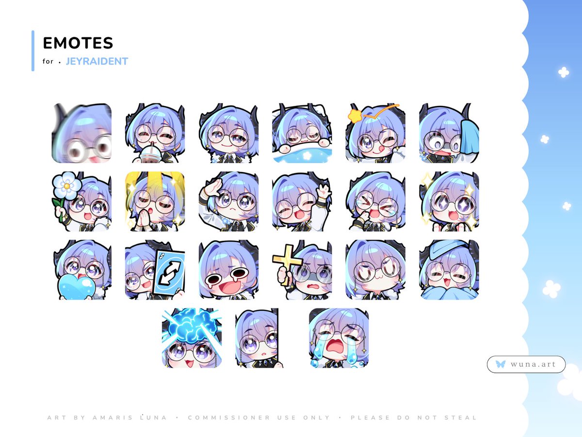 wuna_art's tweet photo. ꒰  𝐄𝐌𝐎𝐓𝐄𝐒 𝐂𝐎𝐌𝐌𝐈𝐒𝐒𝐈𝐎𝐍  ꒱
╰  ·  ·  𝑓𝑜𝑟 @Jeyraident ⊹ ࣪ ˖ 

I had the pleasure of making these cute emotes last year for Jey >w< ~ 🩵

❛  🪷  ❜  ·  #vgencomm  ⁞  #vgen https://t.co/kW1jNazD8L