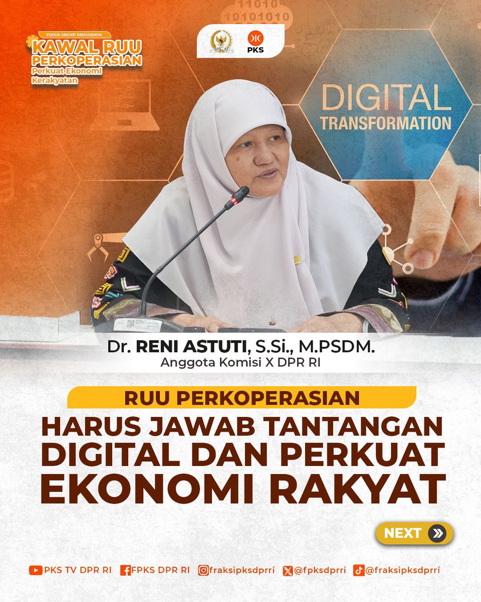 FPKSDPRRI's tweet photo. RUU Perkoperasian harus menjadi jawaban atas tantangan zaman sekaligus penguat ekonomi kerakyatan. Anggota DPR RI FPKS yang juga Ketua DPP PKS Bidang Koperasi dan Desa, Reni Astuti menegaskan pentingnya regulasi yang mampu memberikan perlindungan hukum bagi insan koperasi, memperkuat tata kelola yang profesional, serta mendorong koperasi adaptif terhadap transformasi digital. 

Aspirasi dari pegiat koperasi, akademisi, dan masyarakat menjadi bagian penting untuk menghadirkan undang-undang yang benar-benar berpihak pada koperasi dan kesejahteraan rakyat.

#FraksiPKSDPRRI #PKSpembelaRakyat #PKS