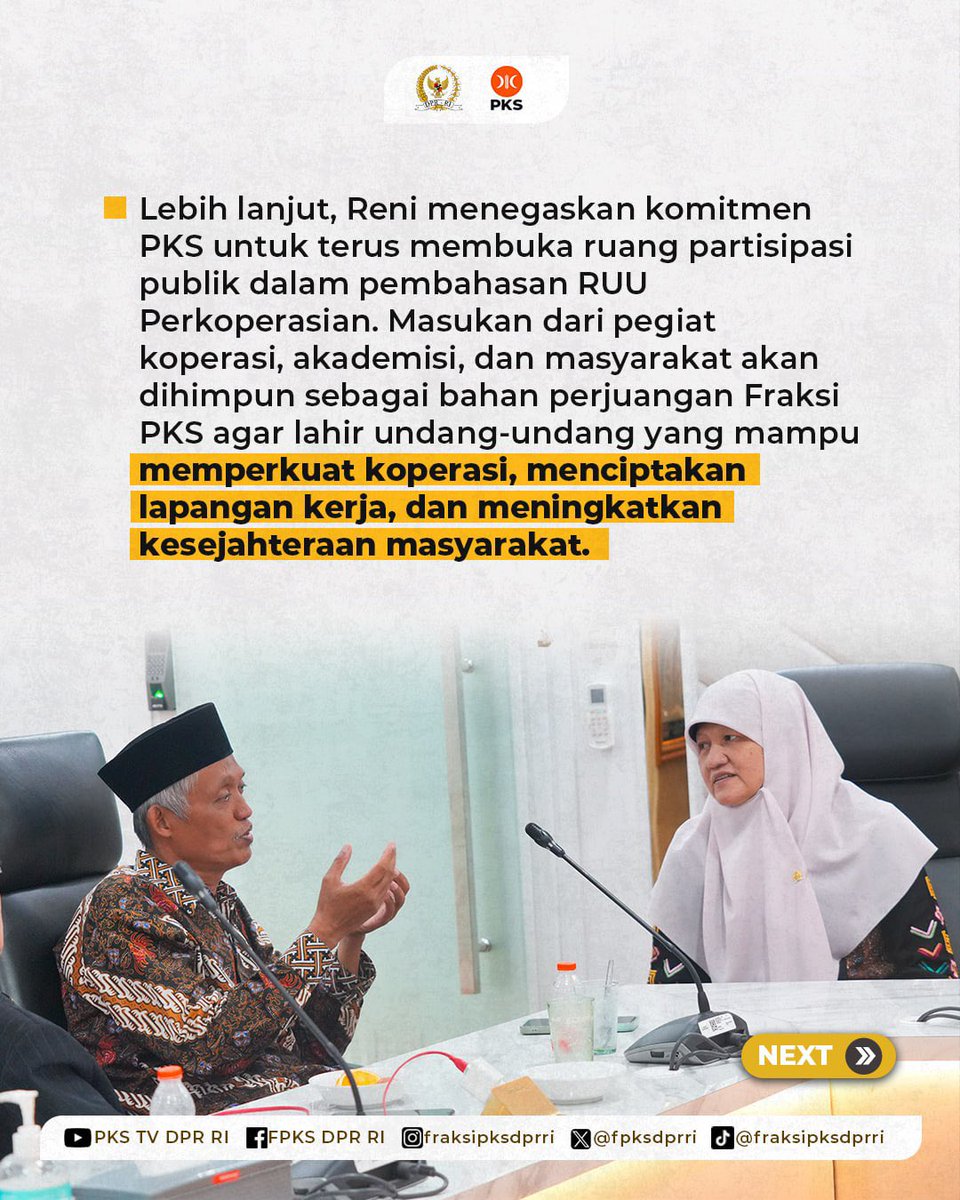 FPKSDPRRI's tweet photo. RUU Perkoperasian harus menjadi jawaban atas tantangan zaman sekaligus penguat ekonomi kerakyatan. Anggota DPR RI FPKS yang juga Ketua DPP PKS Bidang Koperasi dan Desa, Reni Astuti menegaskan pentingnya regulasi yang mampu memberikan perlindungan hukum bagi insan koperasi, memperkuat tata kelola yang profesional, serta mendorong koperasi adaptif terhadap transformasi digital. 

Aspirasi dari pegiat koperasi, akademisi, dan masyarakat menjadi bagian penting untuk menghadirkan undang-undang yang benar-benar berpihak pada koperasi dan kesejahteraan rakyat.

#FraksiPKSDPRRI #PKSpembelaRakyat #PKS