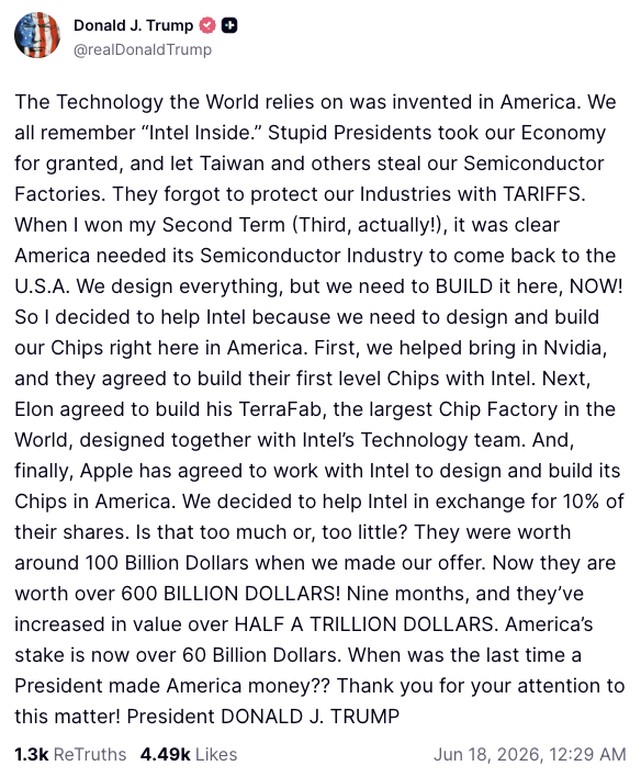 wallstengine's tweet photo. Trump says Apple has agreed to work with Intel to design and build chips in America.

He also said Nvidia &amp; Elon are working with Intel, and that the U.S. took a 10% stake in Intel when it was worth around $100B. Intel is now worth over $600B, making America stake worth over $60B https://t.co/mtgfchbR0H