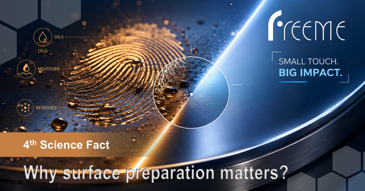 FreeMeProjectEU's tweet photo. 🔬 @FreeMeProjectEU  Science Fact #4: Why Surface Preparation Matters
Did you know that even a single fingerprint can affect how well a coating adheres to a surface? 👆

The oils, moisture, and residues naturally present on our skin can alter surface properties and reduce coating performance. That's why thorough cleaning and surface preparation are critical steps before metallisation and coating processes.

🌿 In advanced manufacturing, success often starts with a clean surface!

#HorizonEu #ScienceFact #Coatings #SurfaceEngineering #MaterialsScience #Innovation #SSbD