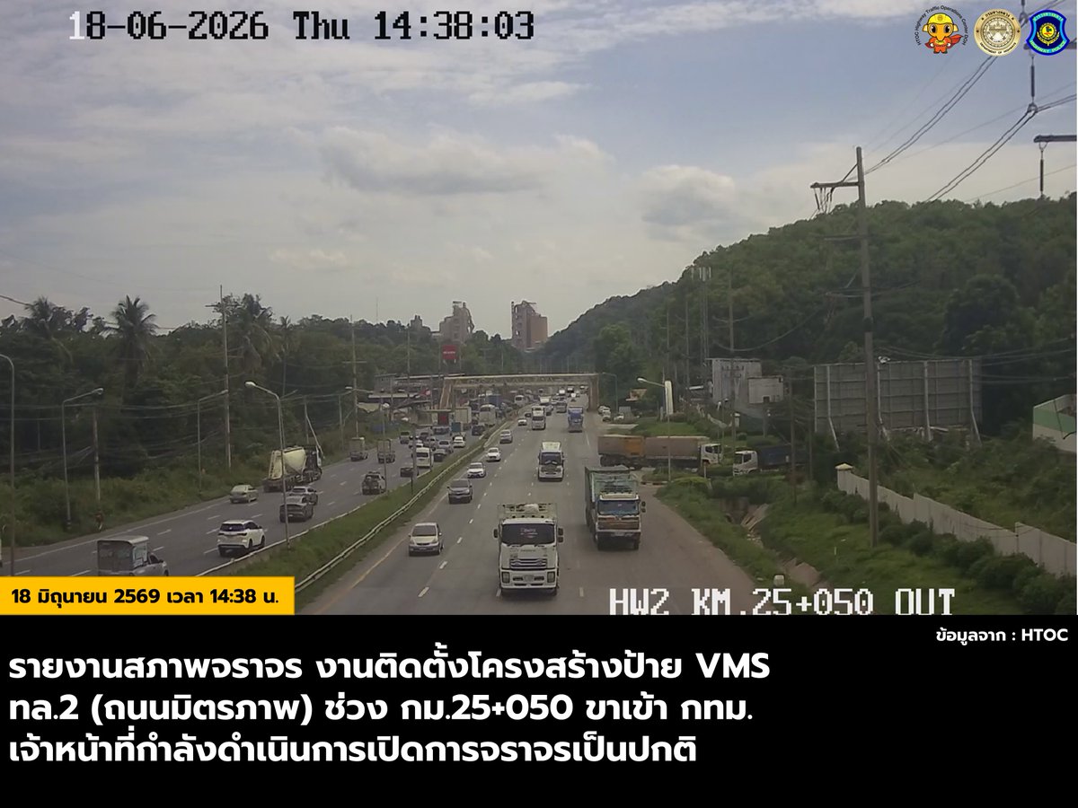 HTOC15's tweet photo. วันพฤหัสบดีที่ 18 มิถุนายน 2569 เวลา 14:38 น.
รายงานสภาพจราจร งานติดตั้งโครงสร้างป้าย VMS
ทล.2 (ถนนมิตรภาพ) ช่วง กม.25+050 ขาเข้า กทม.
เจ้าหน้าที่กำลังดำเนินการเปิดการจราจรเป็นปกติ
ข้อมูลจาก : HTOC
#HTOC #งานทาง #รถติด #เปิดการจราจรเป็นปกติ https://t.co/5MeKMFWjzA