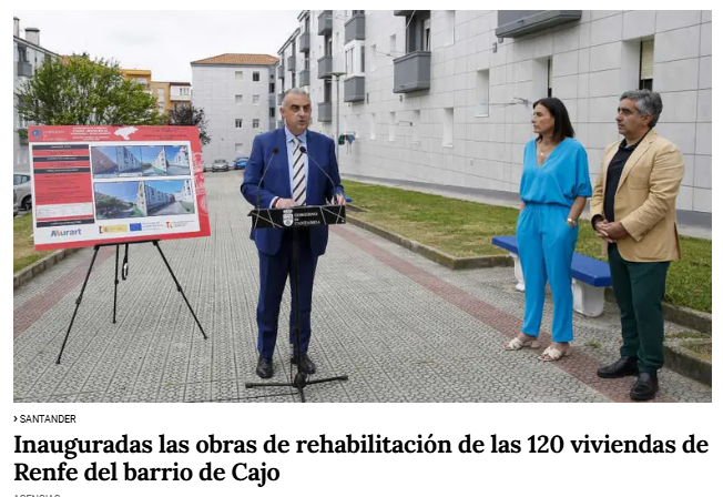 DirectSantander's tweet photo. Va Gema y el consejero a inaugurar la obra de las Las casas de Renfe en el barrio de #Cajo. Pues bien, esas obras han supuesto una inversión de 3,4 millones de euros, de los que 2,1 provienen de fondos #europeos y el resto lo ponen los vecinos... https://t.co/SbyaLR916v