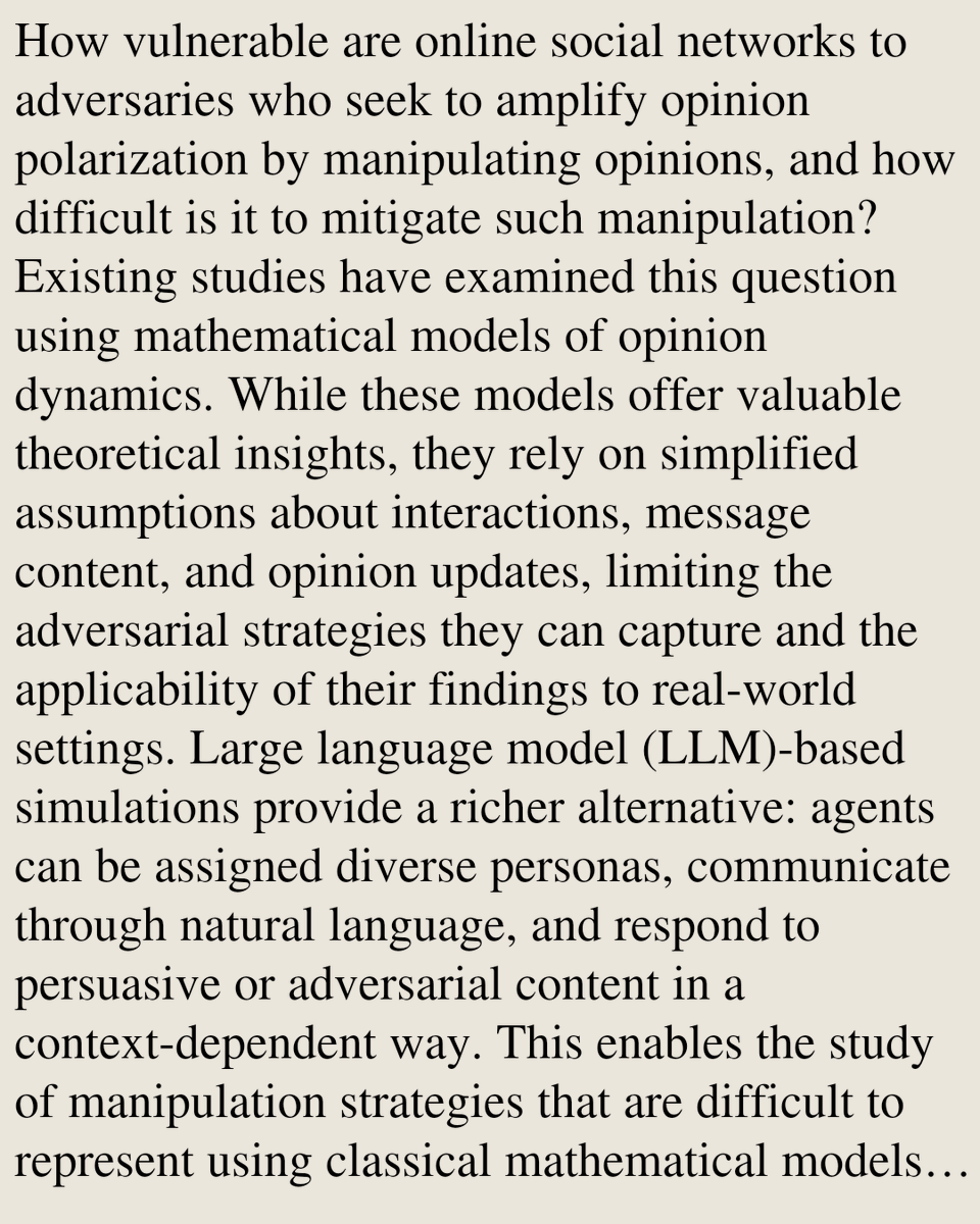 SocialNetPapers's tweet photo. Opinion Polarization in LLM-Based Social Networks: Manipulation and Mitigation

Ali Safarpoor Dehkordi, Mohammad Shirzadi, Ahad N. Zehmakan
https://t.co/fixtVaxhLh [𝚌𝚜.𝚂𝙸] https://t.co/Cl2M13mdwC