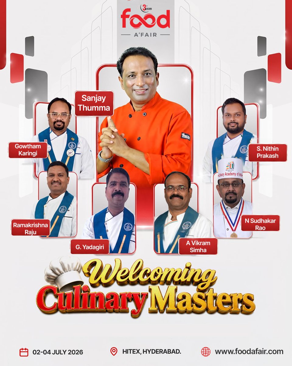 foodafair's tweet photo. ✨Welcoming the Culinary Masters of CATA to Food A'Fair 2026!👨🍳
From inspiring future chefs to shaping the culinary landscape, these esteemed professionals represent the passion, skill & excellence that define our industry.
#FoodAFair #CATA #ChefCommunity #FoodExpo #Hyderabad https://t.co/FdJGH8CrRR