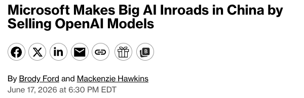 wallstengine's tweet photo. Microsoft is reportedly selling AI models to major Chinese tech firms through Azure, even as OpenAI and Anthropic avoid selling directly into China.

Per Bloomberg, ByteDance is on track to spend more than $1B a year on Microsoft AI and cloud services, while Ant Group, Meituan, and Tencent are also major Azure AI customers.