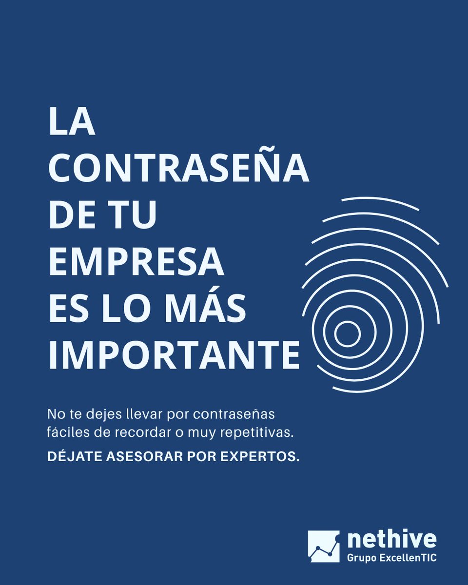 NETHIVE_es's tweet photo. Invertir miles de euros en tecnología y usar "Contraseña123" es como ponerle el candado de una bici a un Ferrari.

Las contraseñas de tu negocio son la llave de todo. Haz que sean indestructibles, no imposibles de recordar.

Déjate asesorar por expertos 👉 https://t.co/lXUoFG05kT https://t.co/HxSkKbHRIA