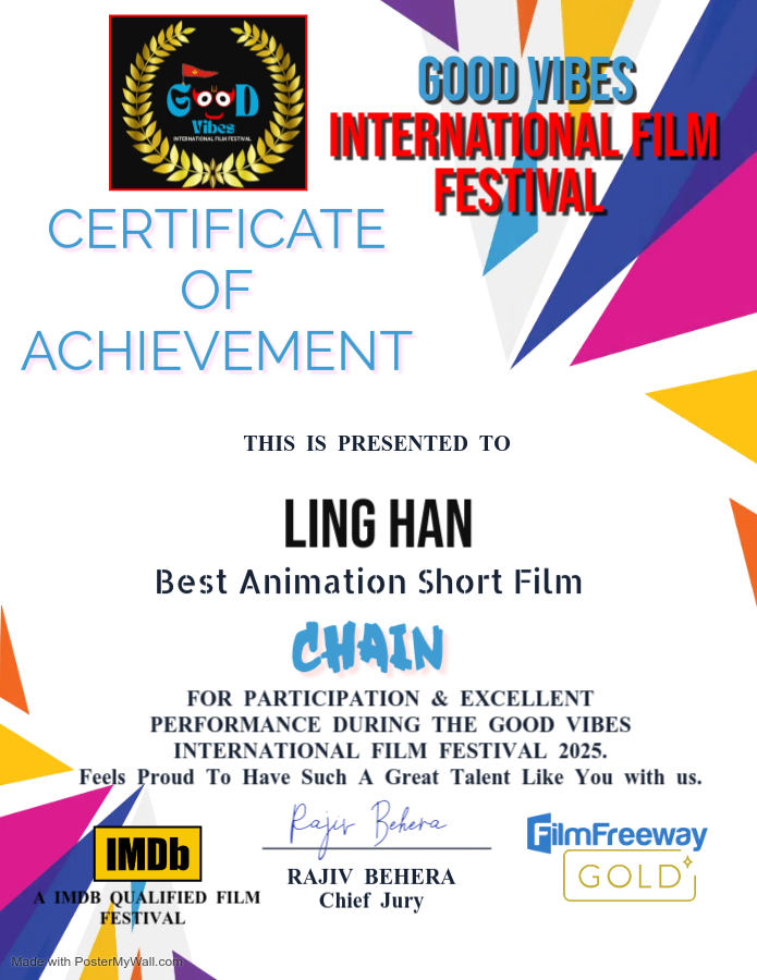 Chain_Animation's tweet photo. We’re thrilled to have received the amazing certificates from Good Vibes International Film Festival! Thank you for celebrating animated storytelling and supporting independent creators. ~ Y ( ^ O ^ ) Y ~ 😍🥰😘🤩🥳👍
#GoodVibesInternationalFilmFestival https://t.co/d3SKODqAOw
