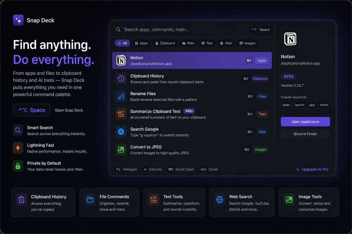 astrolabs21's tweet photo. Mac workflow feeling scattered? 💻 Meet Snap Deck—the ultimate all-in-one command palette for macOS.
Launch apps, manage files, automate tasks, and supercharge your clipboard from one lightning-fast shortcut. 
🔒 On-device privacy
🛠️ Pure performance
#macOS #Productivity #MacApps https://t.co/LlBLf7p0St