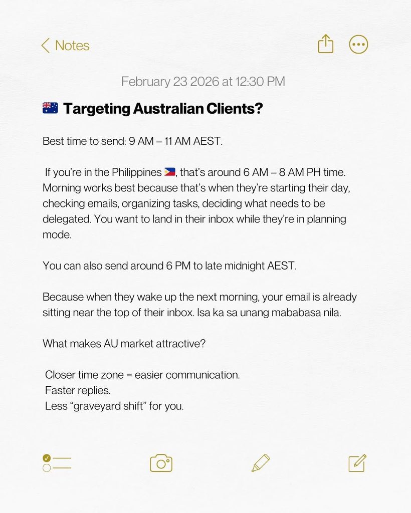 SpecEdoho's tweet photo. The first $500 I got was in 2025 

Guess what? 

It was from a cold email I sent to a foreign company in Australia, and I got a design gig.

At the time, I wasn’t the most experienced designer.

I didn’t have a huge portfolio.

I didn’t have thousands of followers.

What I had was a simple offer, a willingness to reach out, and a message that landed in the right inbox at the right time.

One thing I’ve learned after working with clients across different countries is this:

Knowing who to contact is important. Knowing when and how to contact them is just as important.

A good percentage of the struggle freelancers, designers, marketers, developers, and creatives face isn’t always a lack of skill.

Sometimes it’s timing.

Sometimes it’s sending messages when your prospects are asleep.

Sometimes it’s writing cold emails that sound like everyone else’s.

Sometimes it’s reaching out without understanding how people in different countries work, think, and make decisions.

Some people don’t need to actively look for jobs because referrals bring opportunities to them.

Others have to send cold emails, cold DMs, proposals, and outreach messages consistently.

And many times they’re met with nothing but cricket sounds.

Not because they’re bad.

But because they missed the timing, the positioning, or the approach.

That’s why understanding time zones, work culture, and client behavior can completely change your results.

For example:

🇦🇺 Australian business owners often check emails early while planning their day.

🇬🇧 UK professionals tend to be direct, task-focused, and efficiency-driven.

🇺🇸 US business owners often review emails during planning hours in the morning and again before wrapping up their day.

If your email lands when they’re deciding priorities, delegating tasks, or looking for solutions, your chances of getting a reply increase significantly.

The screenshots in this post break down some of the best outreach windows for Australia, the UK, and the US.

Will timing guarantee clients?

No.

But it gives your message a better chance of being seen.

And in a world where most opportunities come from attention, being seen is the first battle.

The goal isn’t to send more emails.

The goal is to send smarter emails.

Because sometimes the difference between getting ignored and getting paid is simply showing up at the right place, at the right time, with the right message.

And that single email might just become your next client.