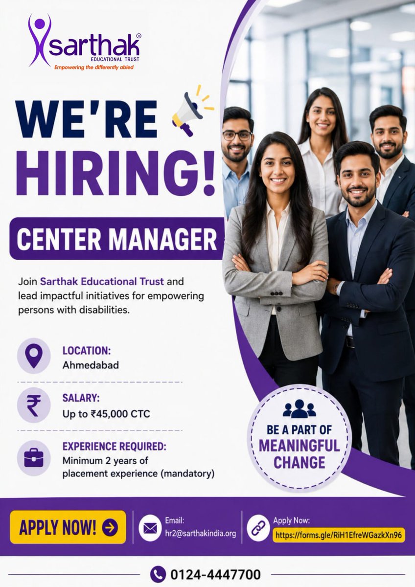 SarthakEducati2's tweet photo. Weβre Hiring β Center Manager!
Location: Ahmedabad
Salary: Up to βΉ45,000 CTC
π― Experience Required: Minimum 2 years of placement experience (mandatory)
π§ Apply: hr2@sarthakindia.org
π https://t.co/iyQKsLXvOO
@gujaratjob
#WeAreHiring #CenterManager #Jobs https://t.co/QJIPGo3f5O