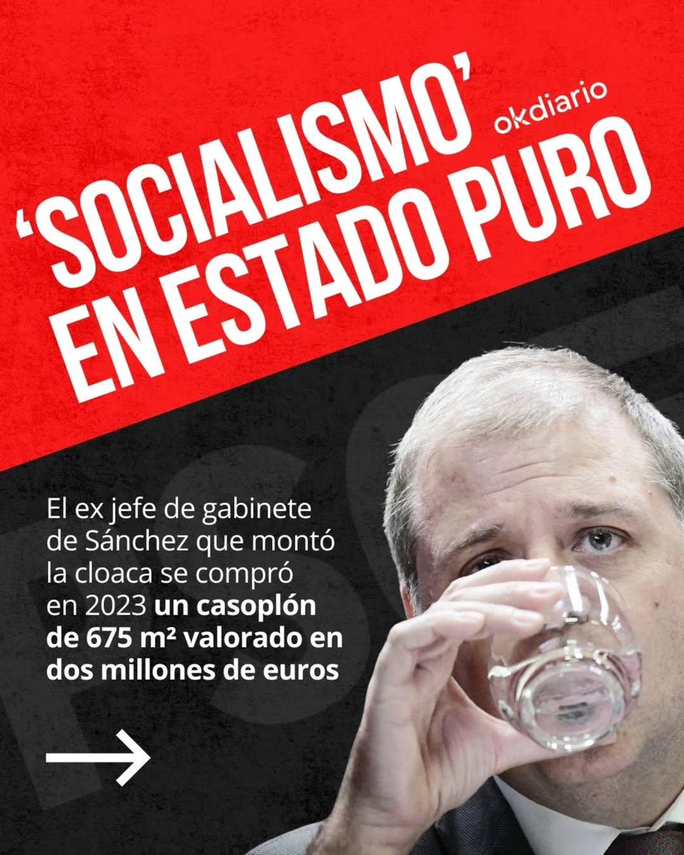 okdiario's tweet photo. ‼️ Casas (o cosas) del socialismo.

👉 El ex jefe de gabinete de Sánchez que montó la cloaca se compró en 2023 un casoplón de 675 m² valorado en 2 millones: https://t.co/z3ZOngaiWx https://t.co/bfimMtmPnP