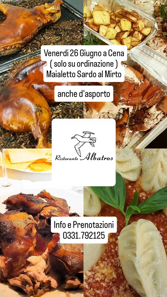 RistAlbatros's tweet photo. 📣 Venerdi 26 Giugno a cena – Torna il Maialetto Sardo all’Albatros! 

🔥 Una serata speciale dedicata ai sapori autentici della Sardegna: il nostro maialetto cotto lentamente su frasche di mirto, ti aspetta tenero e croccante come vuole la tradizione!

📞Prenota ora: 0331 792125 https://t.co/QBNE98NU28
