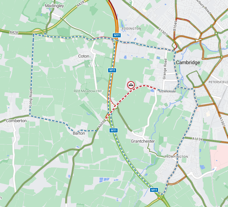 Cambs_Traffic's tweet photo. ⛔️#A603 #Barton Road #Grantchester is CLOSED
between Haggis Farm Interchange and Grantchester Road due to a police-led incident. The road is likely to be closed for the majority of the day.
#Cambridge 

Please avoid the area and find an alternative route.

More information can be found via: https://t.co/X8c3YDkXmr
