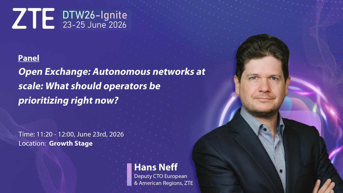 ZTEPress's tweet photo. #DTW kicks off next week! We've locked in six official sessions, with two featured in our graphics. Mr. Hans will also join the Masterclass to on designing the intelligence layer of next-gen networks. Other hot topics include E2E #5G dynamic slicing, vehicle #AI OTAI Phase II & joint customer case studies. ๐ #DTW2026 #ZTE #ZTEPartner #TMF #Agent #EuroDigitalWave #Innovation #network #Agentic #ICT #Telecom @tmforumorg