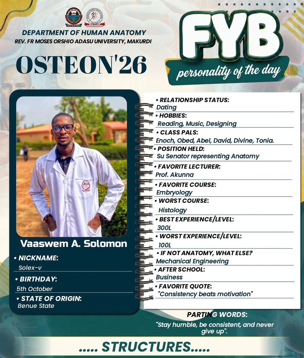 aon45372's tweet photo. From 100L struggles ➡️ 300L memories ➡️ FYB Personality of the Day 🦴❤️

Proof that consistency pays off. ✨

#OSTEON26 #AnatomyStudent #FYB #PersonalityOfTheDay #FYP #UniversityLife #FutureDoctor https://t.co/n3fer0Kktv