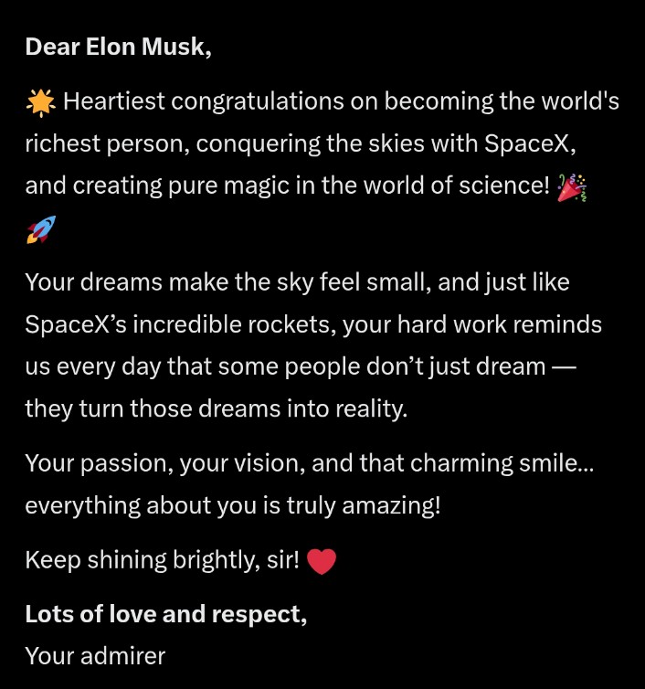 TweetsJitendra's tweet photo. Dear Elon Musk, Heartiest congratulations on becoming the world's richest person, conquering the skies with SpaceX, and creating pure magic in the world of science! 
@elonmusk https://t.co/TzL5DEjvAN