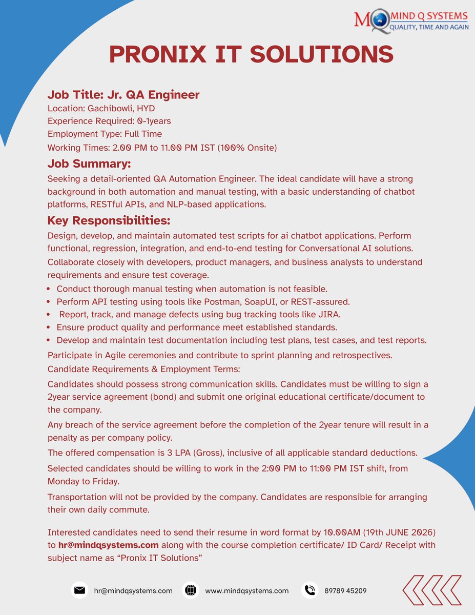 MindQSystems's tweet photo. Interested candidates need to send their resume in word format by 10.00AM (19th JUNE 2026) to hr@mindqsystems.com along with the course completion certificate/ ID Card/ Receipt with subject name as “Pronix IT Solutions” https://t.co/mJGAxNot5q