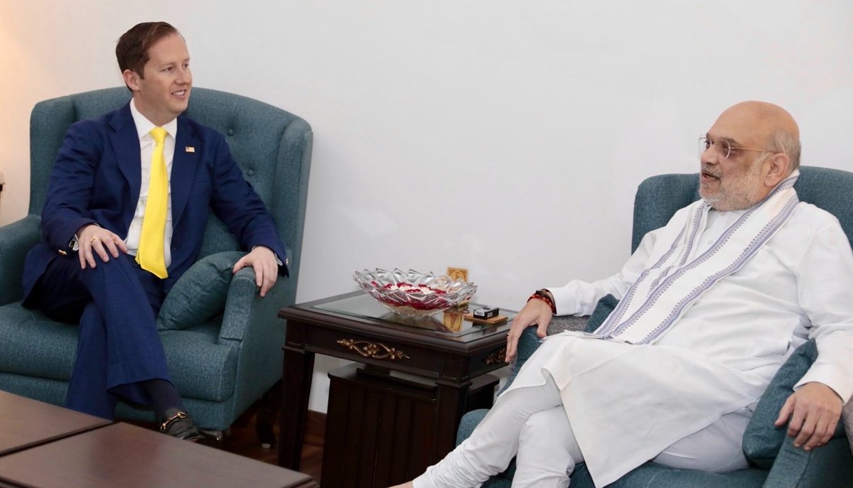 AdityaRajKaul's tweet photo. US Ambassador to India @USAmbIndia meets India’s Home Minister Amit Shah after G7. 

“Had an excellent meeting with  Honorable Home Minister @AmitShah. We had a fruitful discussion on enhancing collaboration to combat terrorism, shield our people from narcotics and illicit drugs, secure our borders, and jointly bring criminals to justice in both nations”, said Ambassador @SergioGor after the meeting.