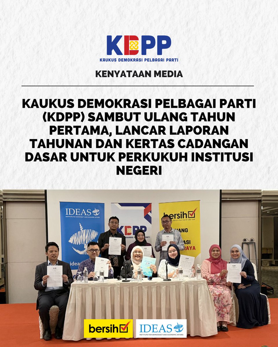 bersihofficial's tweet photo. Kenyataan Media KDPP | 18 Jun 2026

Kaukus Demokrasi Pelbagai Parti (KDPP) hari ini melancarkan Laporan Tahunan dan Kertas Cadangan Dasar sulungnya sempena genap setahun usaha kaukus ini dalam memperkukuh tadbir urus demokrasi dan reformasi institusi di peringkat negeri.

Laporan Tahunan ini mendokumentasikan pelbagai inisiatif KDPP sepanjang tempoh 2025 hingga 2026 dalam mempromosikan dialog rentas parti dan reformasi institusi. Ini termasuk penganjuran siri bengkel demokrasi dan sesi libat urus bersama Ahli Dewan Undangan Negeri (ADUN), parti-parti politik, organisasi masyarakat sivil, mahasiswa dan orang awam di beberapa buah negeri.